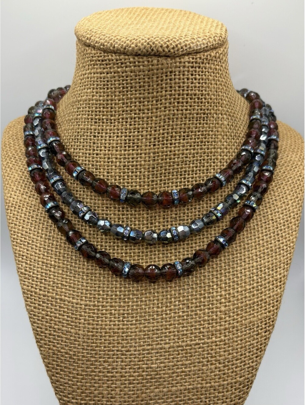 Vintage Hobe 3 Strand Faceted Glass Bead Necklace AB Rhinestone Spacers